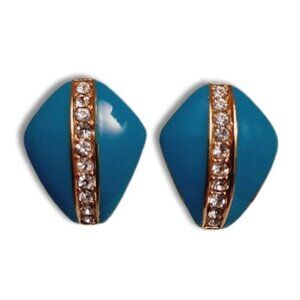 VENDOME Signed Vintage Turquoise Blue Enamel Post Earrings & Rhinestones Jewelry
